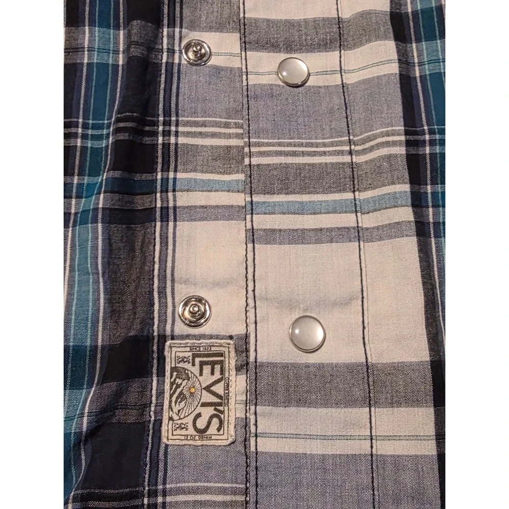 Levis Western Shirt Mens Small Blue Plaid Pearl Snap Short‎ Sleeve Excellent